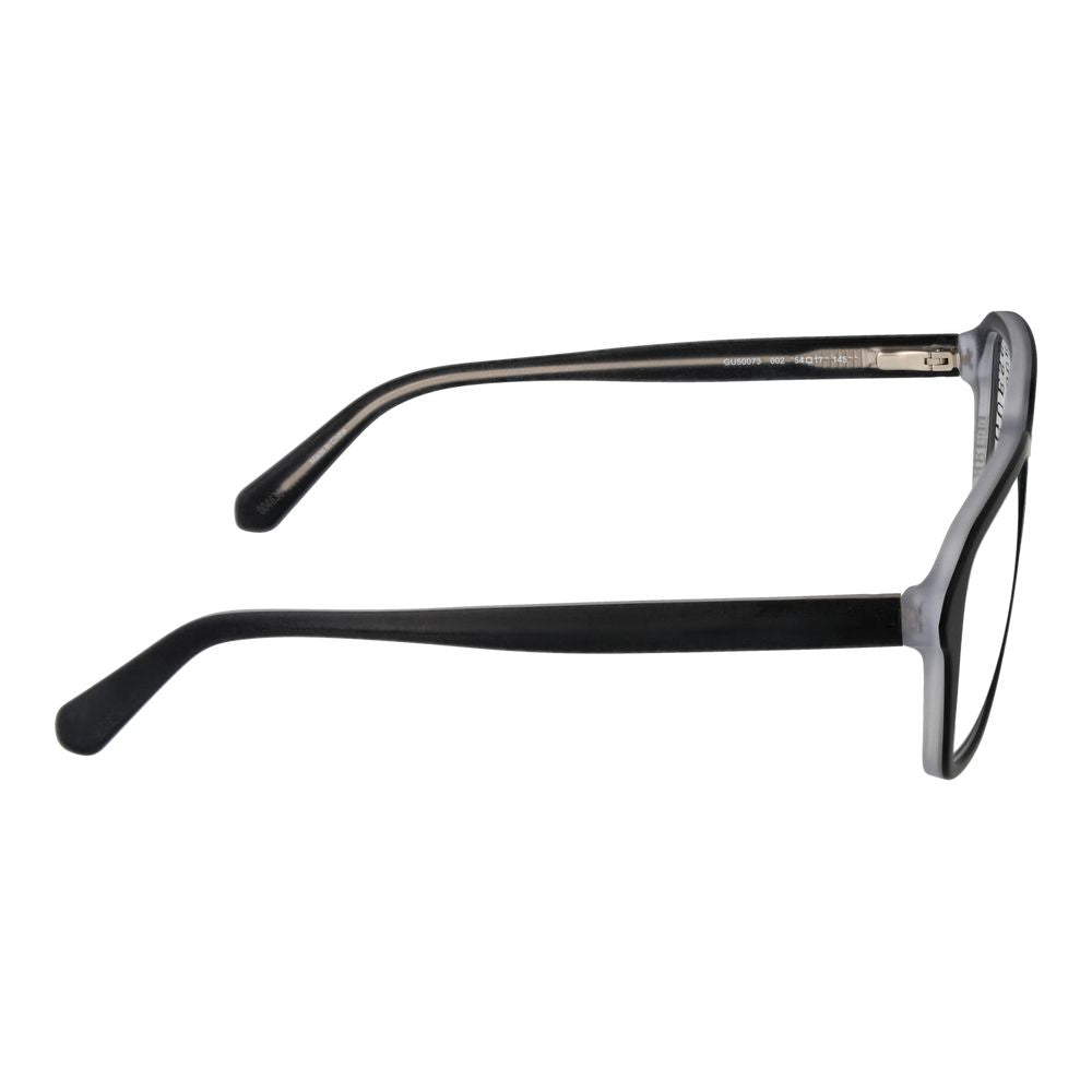 Side view of Guess Black Women Glasses Frame with full-rim, plastic square design, 54-17-145 size, and demo lenses.