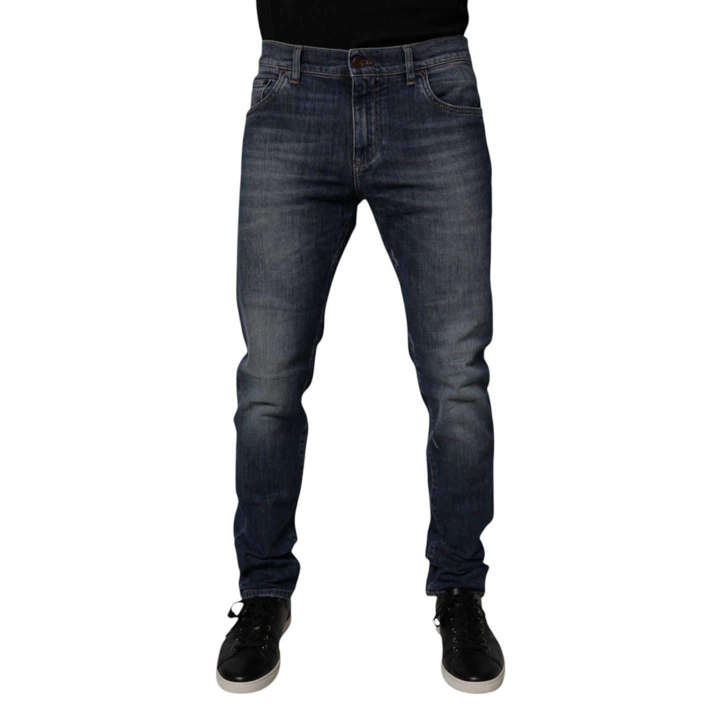 Dolce & Gabbana Dark Blue Cotton Leather Skinny Denim Jeans