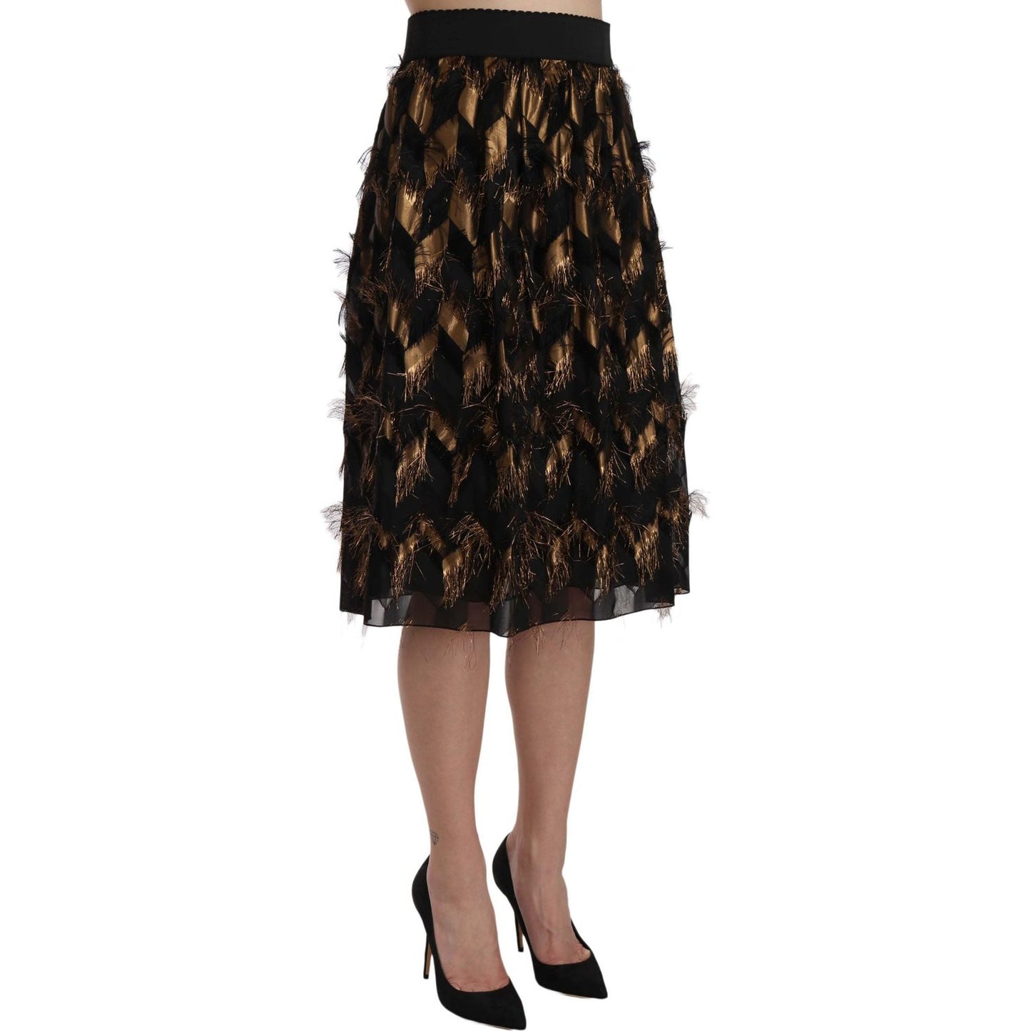 Dolce & Gabbana Black Gold Fringe Metallic Pencil A-line Skirt