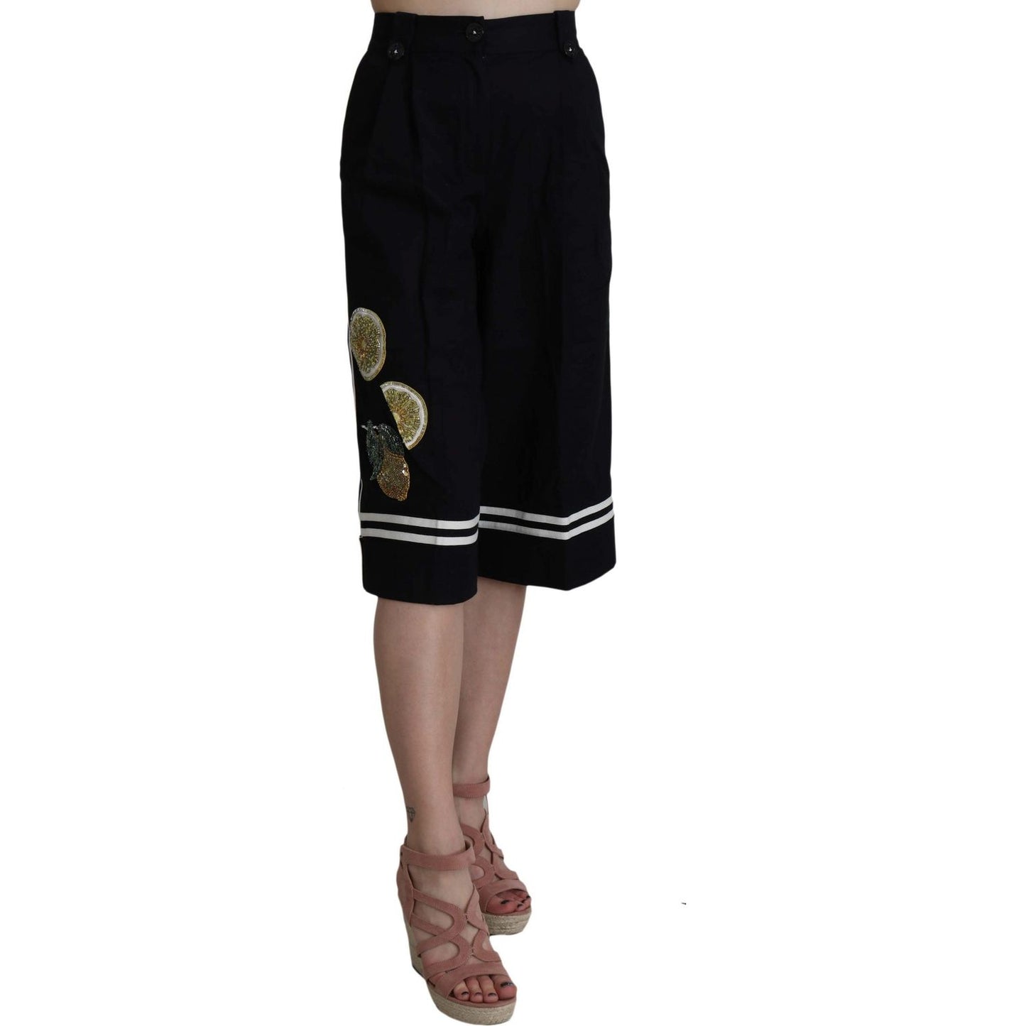 Dolce & Gabbana Black Cotton Cropped Embellished Pants Jeans & Pants
