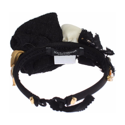 Dolce Gabbana crystal diadem headband featuring black lace and gold metal details, made in Italy.