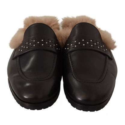 Peserico Black Leather Fur Perforated Slip On Flats Shoes