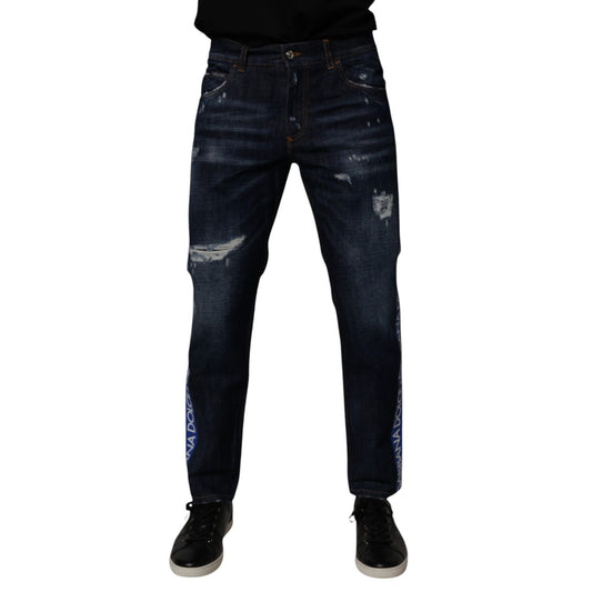 Dolce & Gabbana Dark Blue Cotton Tattered Skinny Denim Jeans