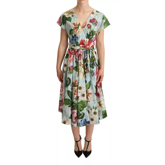 Dolce & Gabbana Green Floral Short Sleeves Cotton V-neck Dress