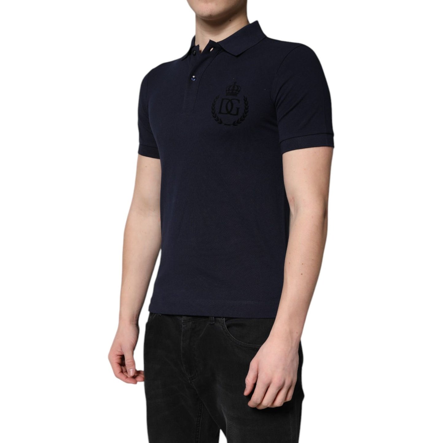 Dolce & Gabbana Dark Blue Cotton Crown Collared Polo T-shirt