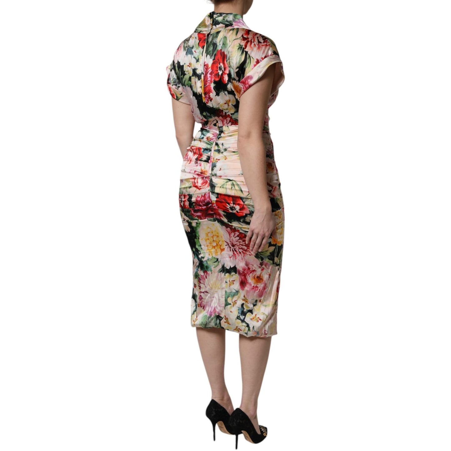 Dolce & Gabbana Multicolor Floral Short Sleeves Sheath Midi Dress