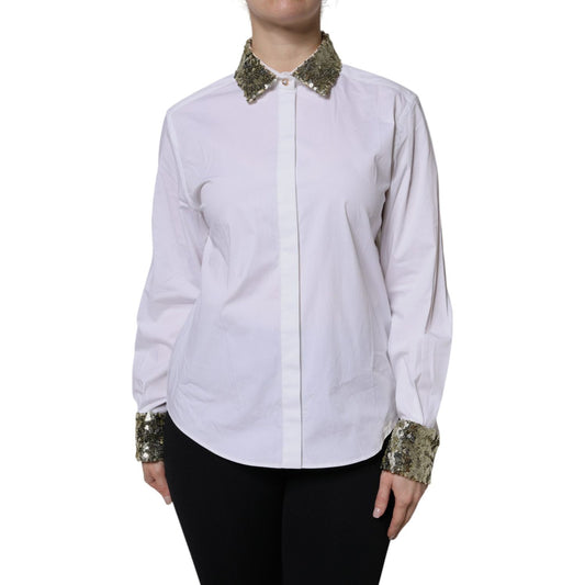 Dolce & Gabbana White Cotton Long Sleeves Sequin Shirt Top TSH90088-36