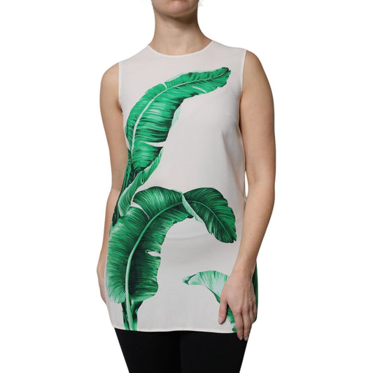 Dolce & Gabbana White Banana Leaf Print Round Neck Tank Top TSH90109-40