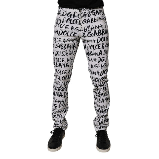 Dolce & Gabbana White Cotton Logo Print Skinny Denim Jeans