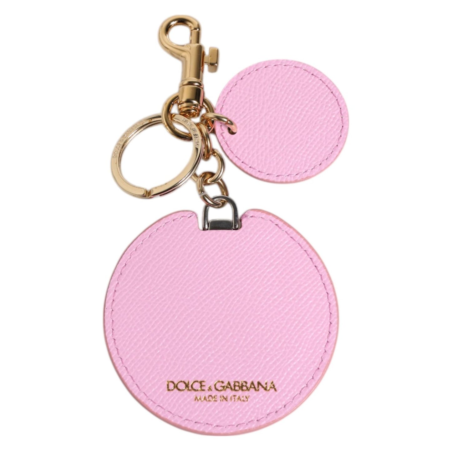 Dolce & Gabbana Pink Calf Leather Gold Metal Logo Print Keyring Keychain