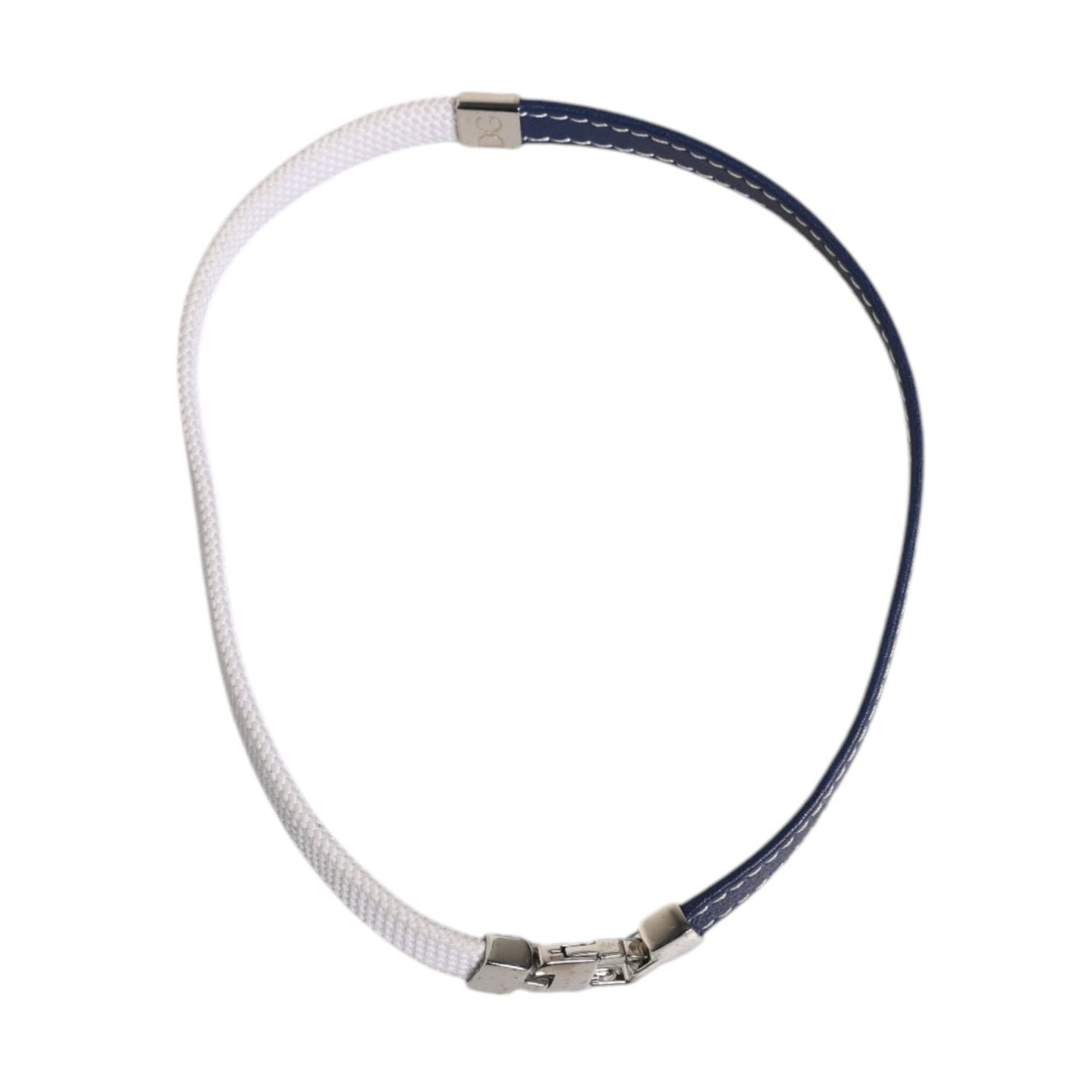 Dolce & Gabbana Blue White Leather Trimmed DG Engraved Silver Tone Clasp Bracelet