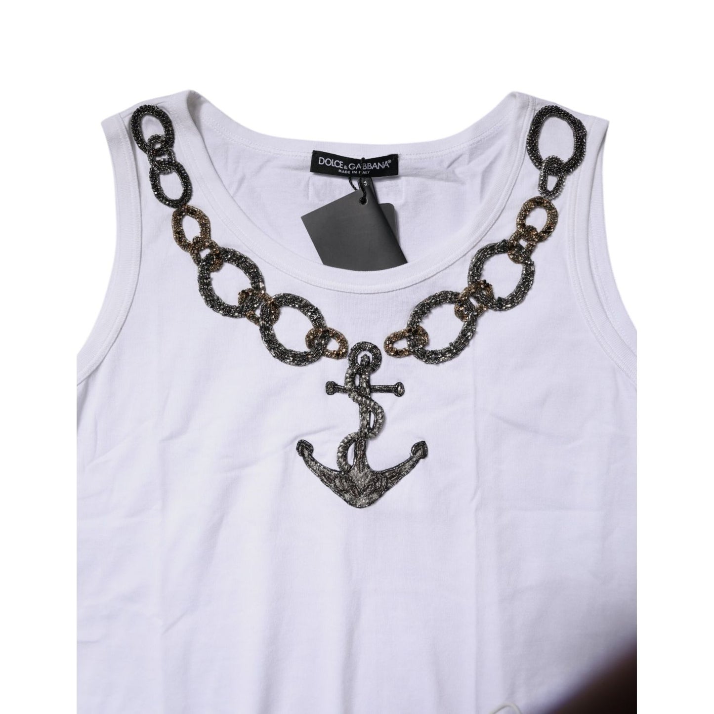 Dolce & Gabbana White Cotton Anchor Chain Embroidery Tank Top