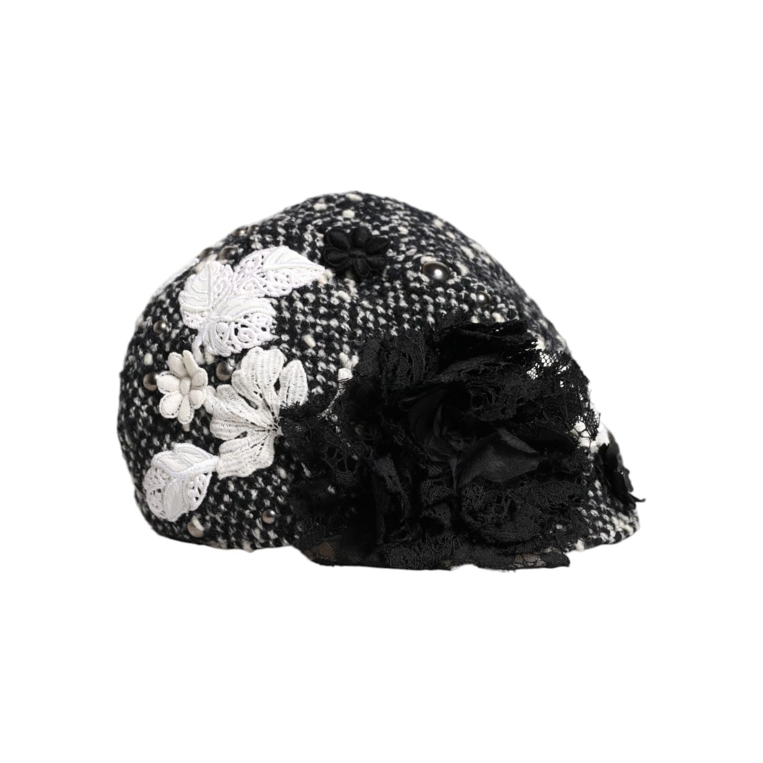 Dolce & Gabbana Black Wool White Floral Embellished Cloche Hat