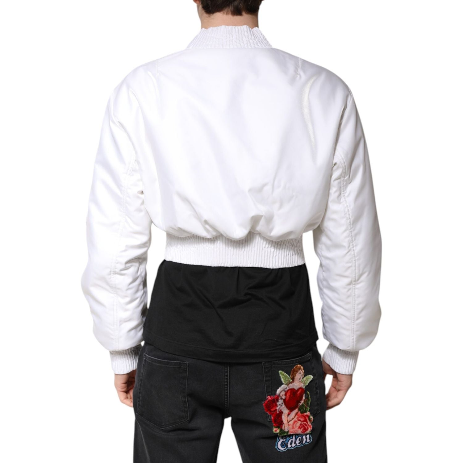 Dolce & Gabbana White Nylon Full Zip Cropped Bomber Jacket