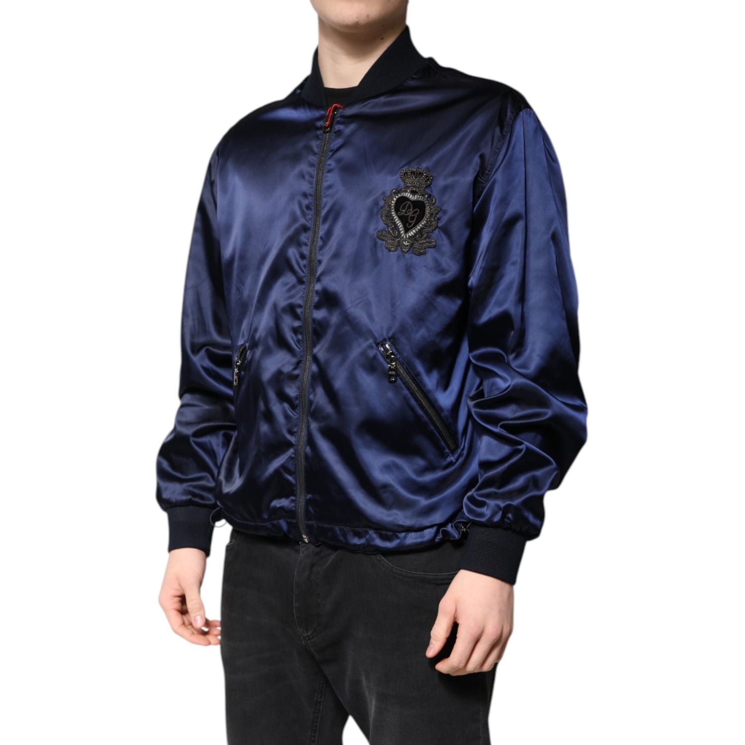 Dolce & Gabbana Blue Nylon DG Crown Full Zip Bomber Jacket