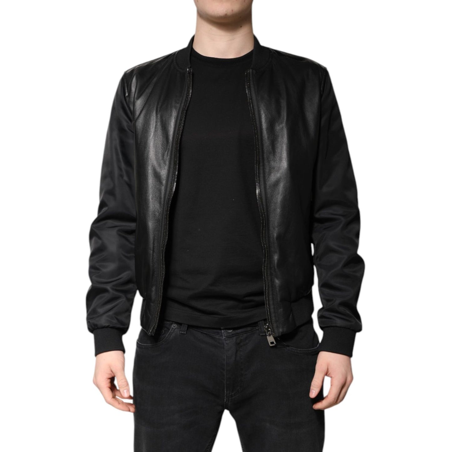 Dolce & Gabbana Black Lambskin Leather Biker Full Zip Jacket