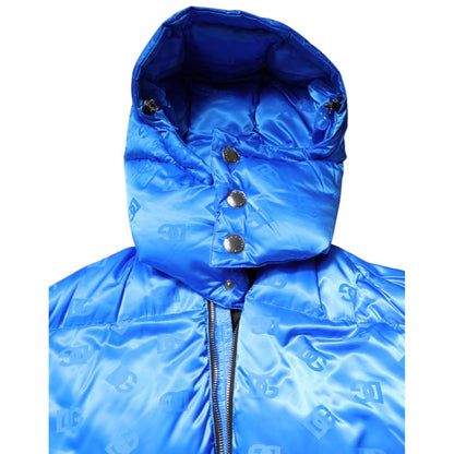Dolce & Gabbana Blue Logo Full Zip Hooded Quilted Jacket