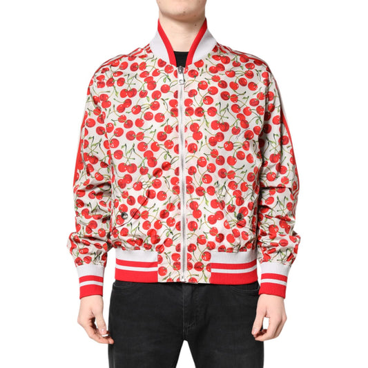 Dolce & Gabbana White Cherry Print Full Zip Bomber Jacket