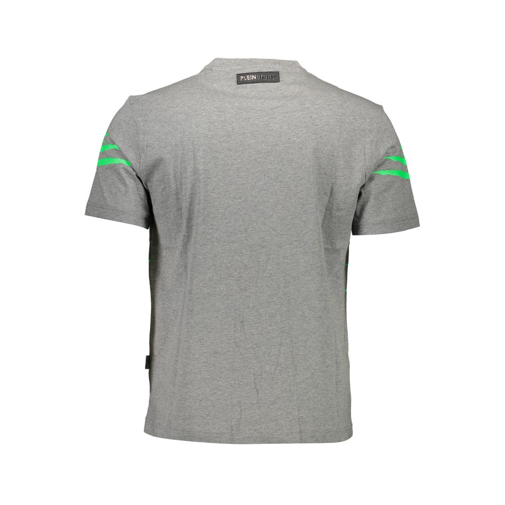 Back view of Plein Sport Brown Cotton Men T-Shirt with bold design and logo, showcasing the short sleeves and green contrast details.