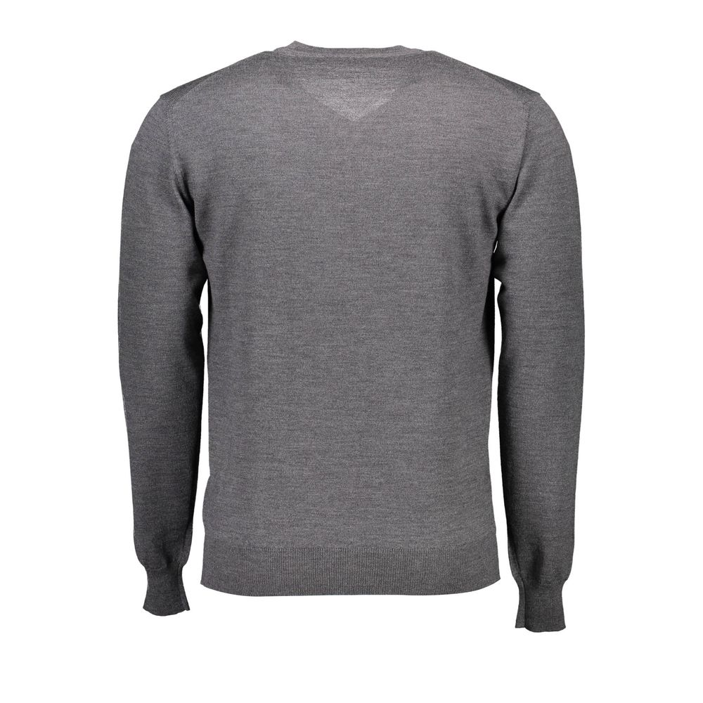 Back view of a gray men's sweater showcasing classic long sleeves and a simple design, ideal for casual or formal wear.