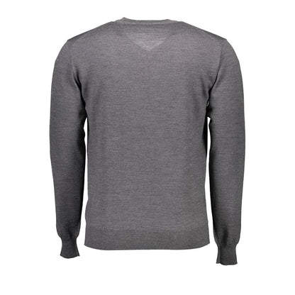 Back view of a gray men's sweater showcasing classic long sleeves and a simple design, ideal for casual or formal wear.