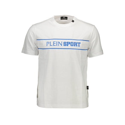 Plein Sport White Cotton Men T-Shirt with logo and contrasting print, short sleeves, edgy design for bold fashion statements.