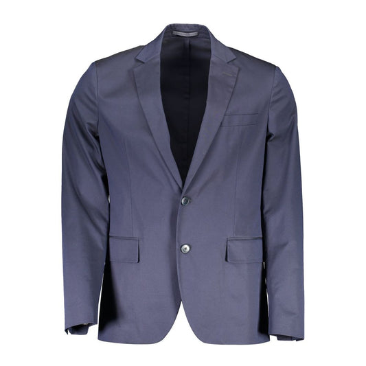 Gant Blue Cotton Men Jacket with classic long sleeves and sharp tailoring, featuring two external pockets and discreet internal pocket.