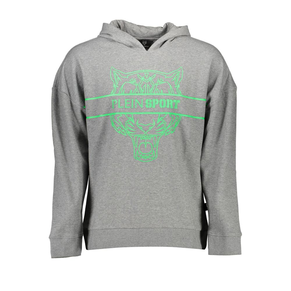 Plein Sport Gray Cotton Men Sweater with bold green logo, long sleeve, sports luxury hoodie, stylish and comfortable fashion piece.