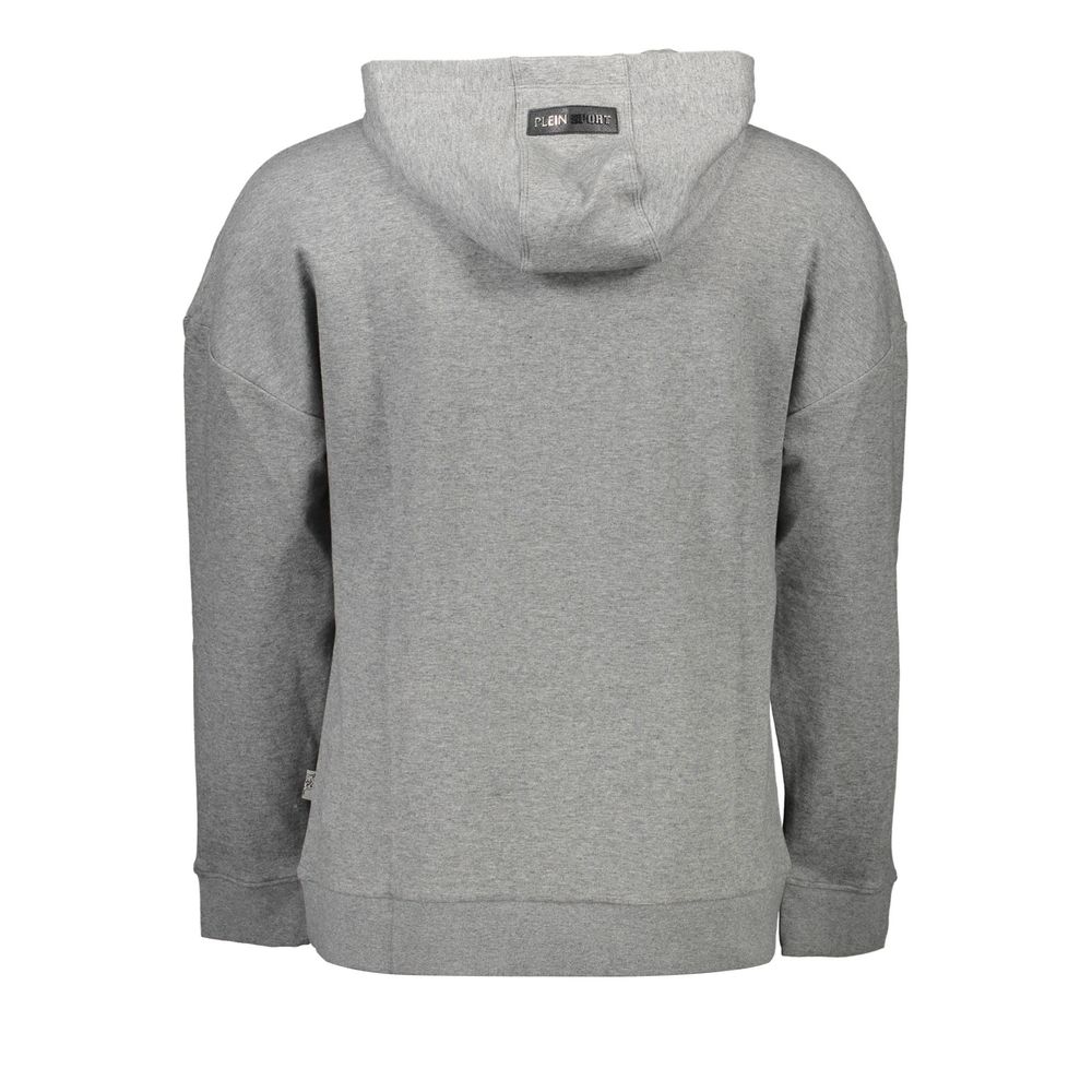 Back view of Plein Sport Gray Cotton Men Sweater showcasing hood and contrast details, offering bold sports luxury style.