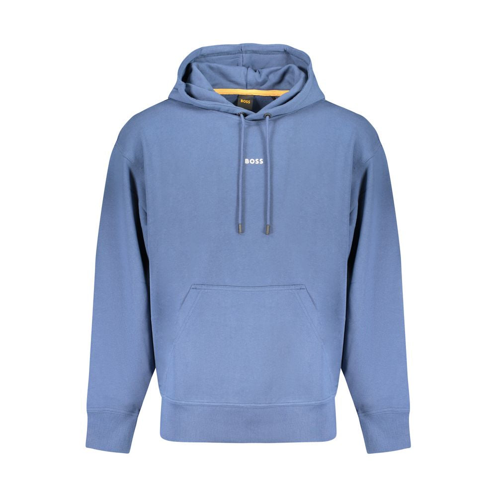 Hugo Boss Blue Cotton Men Sweater with hood, central pocket, and bold print; casual luxury from Hugo Boss, crafted for comfort and style.