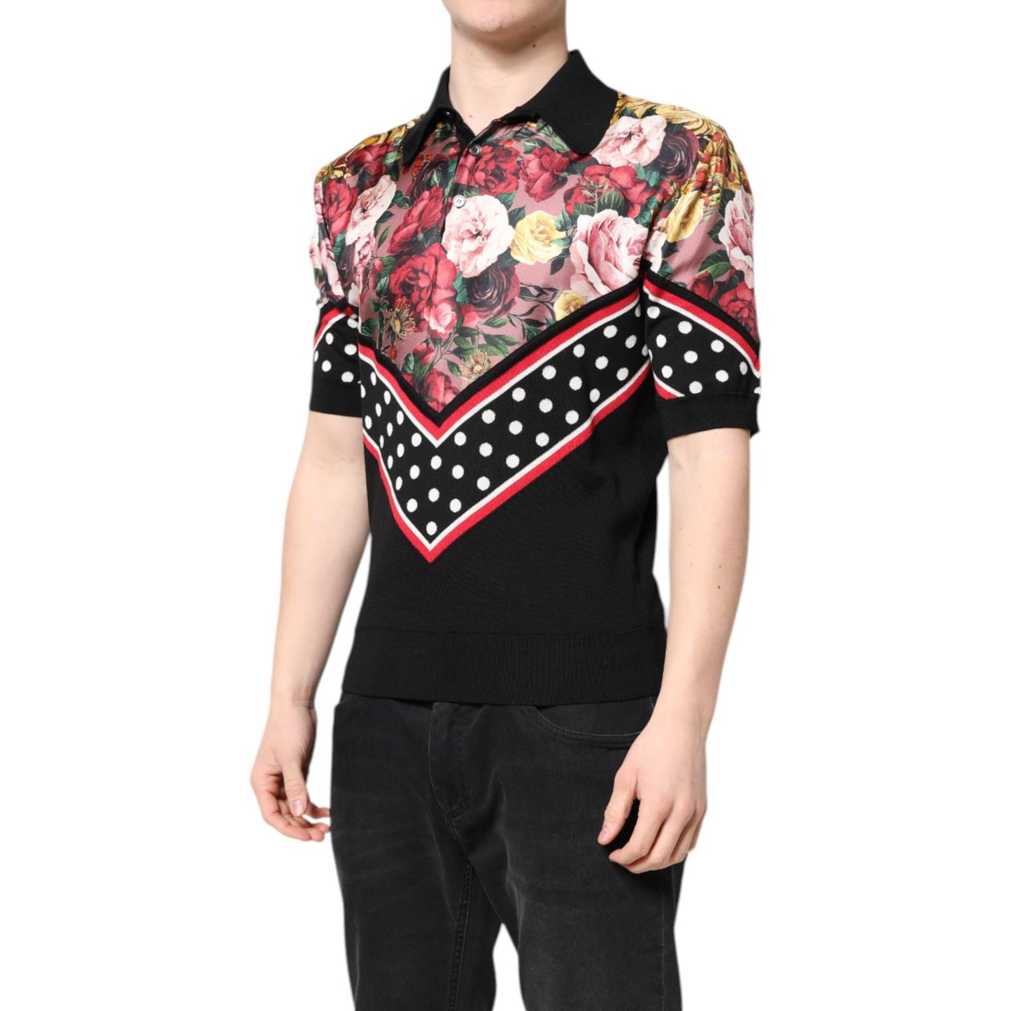 Dolce & Gabbana Black Floral Collared Short Sleeve T-shirt