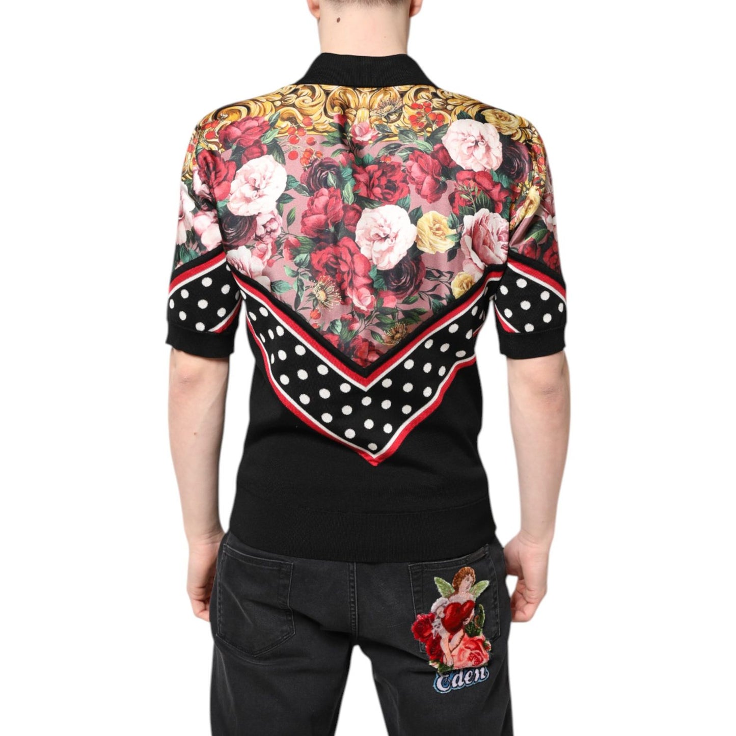 Dolce & Gabbana Black Floral Collared Short Sleeve T-shirt
