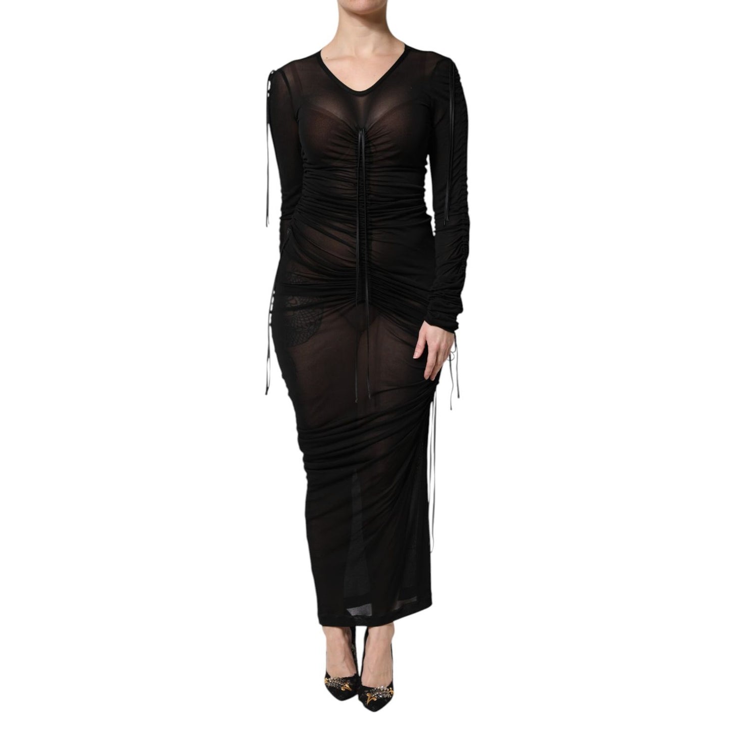 Dolce & Gabbana Black Mesh Trim Bodycon Long Sheath Dress