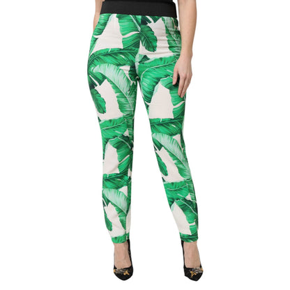 Dolce & Gabbana White Green Leaf High Waist Pants