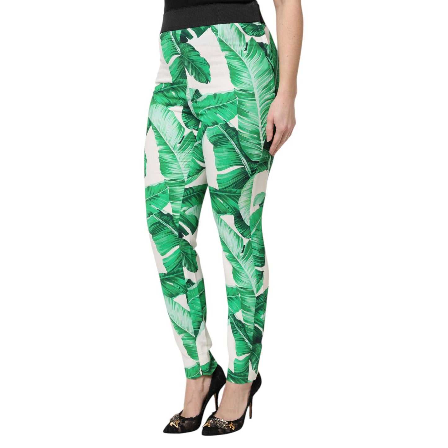 Dolce & Gabbana White Green Leaf High Waist Pants
