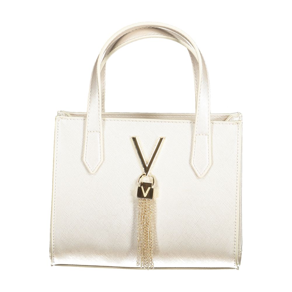 White handbag with gold "V" detail and tassel, featuring two handles. Ideal accessory for elegant women. Stylish and chic design.