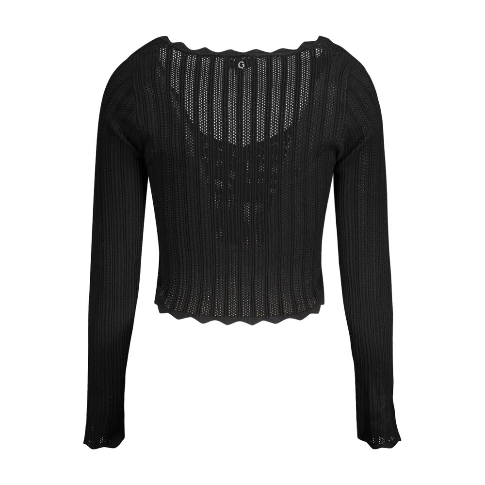 Guess Jeans Black Viscose Women Sweater, long-sleeved with bold contrasting details and iconic logo, perfect for stylish outings.