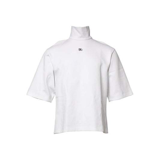 Dolce & Gabbana White Cotton Turtleneck DG Applique T-shirt