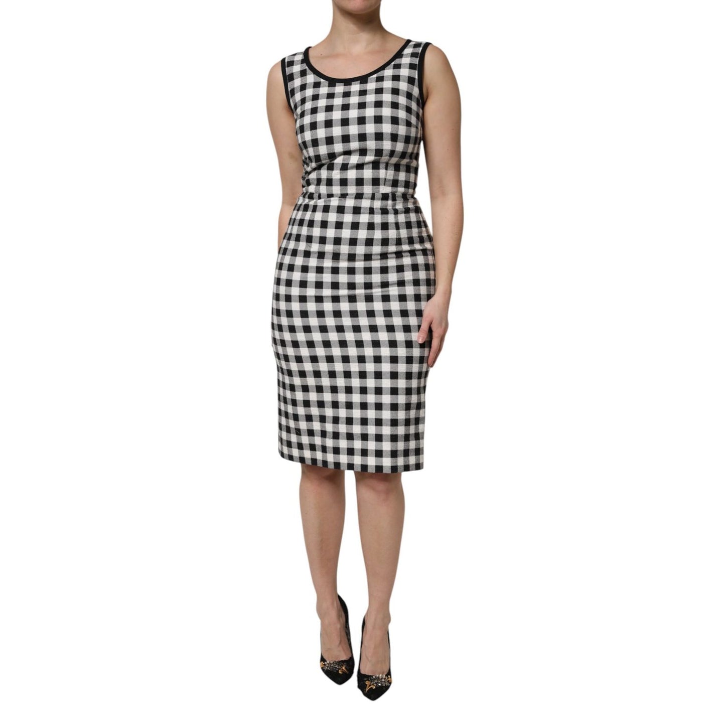 Dolce & Gabbana White Black Checkered Sleeveless Sheath Dress