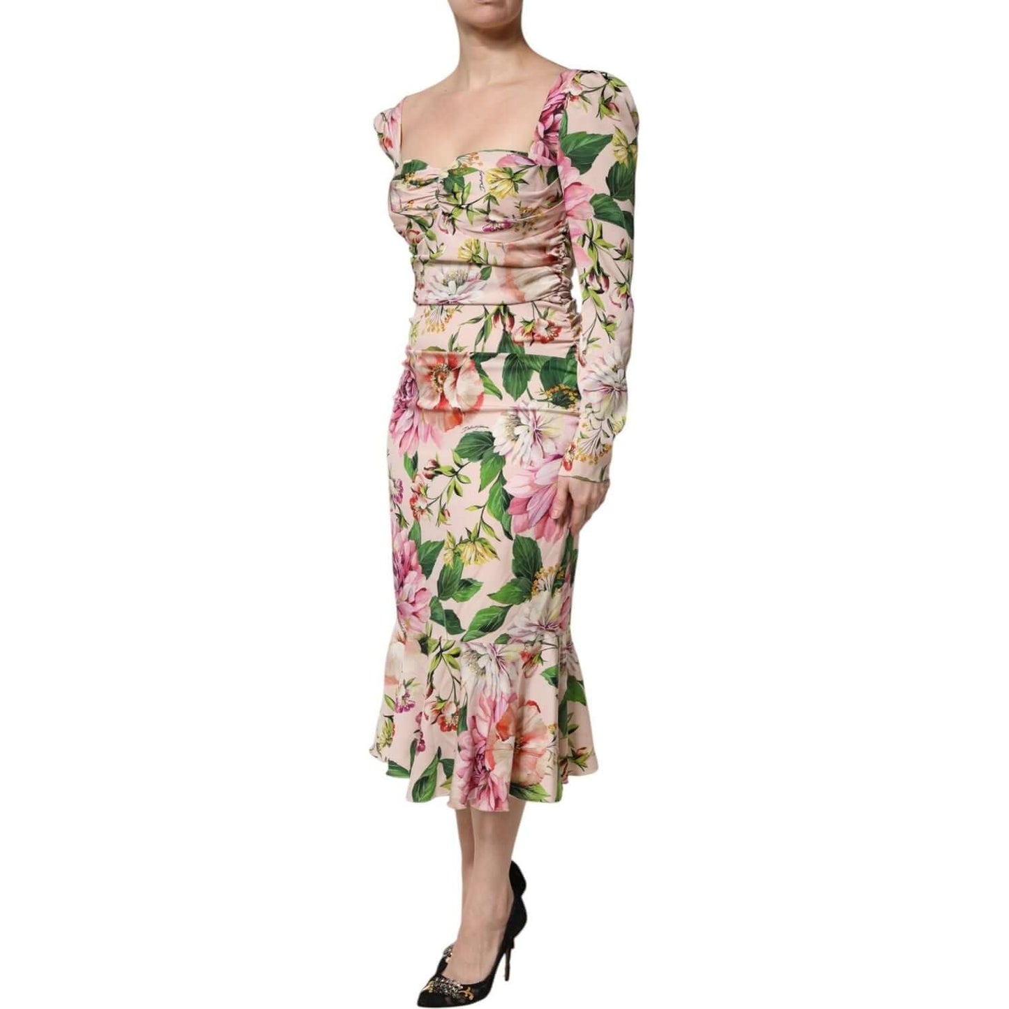 Dolce & Gabbana Pink Floral Silk Fit And Flared Midi Dress DR81612-46