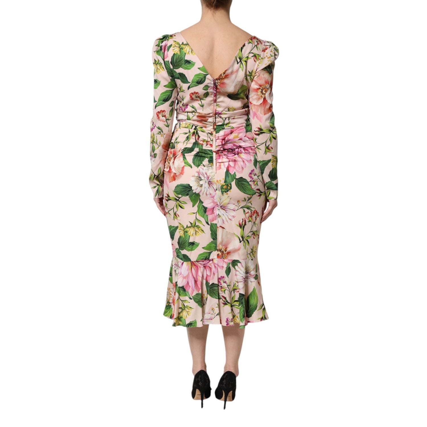 Dolce & Gabbana Pink Floral Silk Fit And Flared Midi Dress