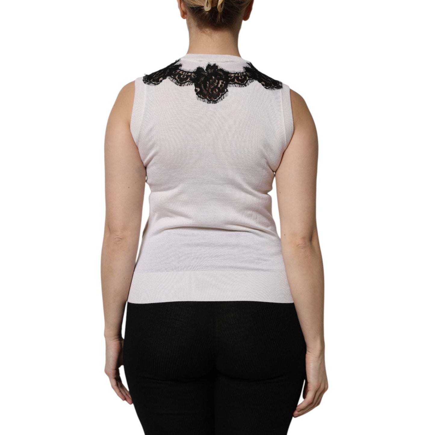 Dolce & Gabbana White Cashmere Floral Lace Detailing Tank Top
