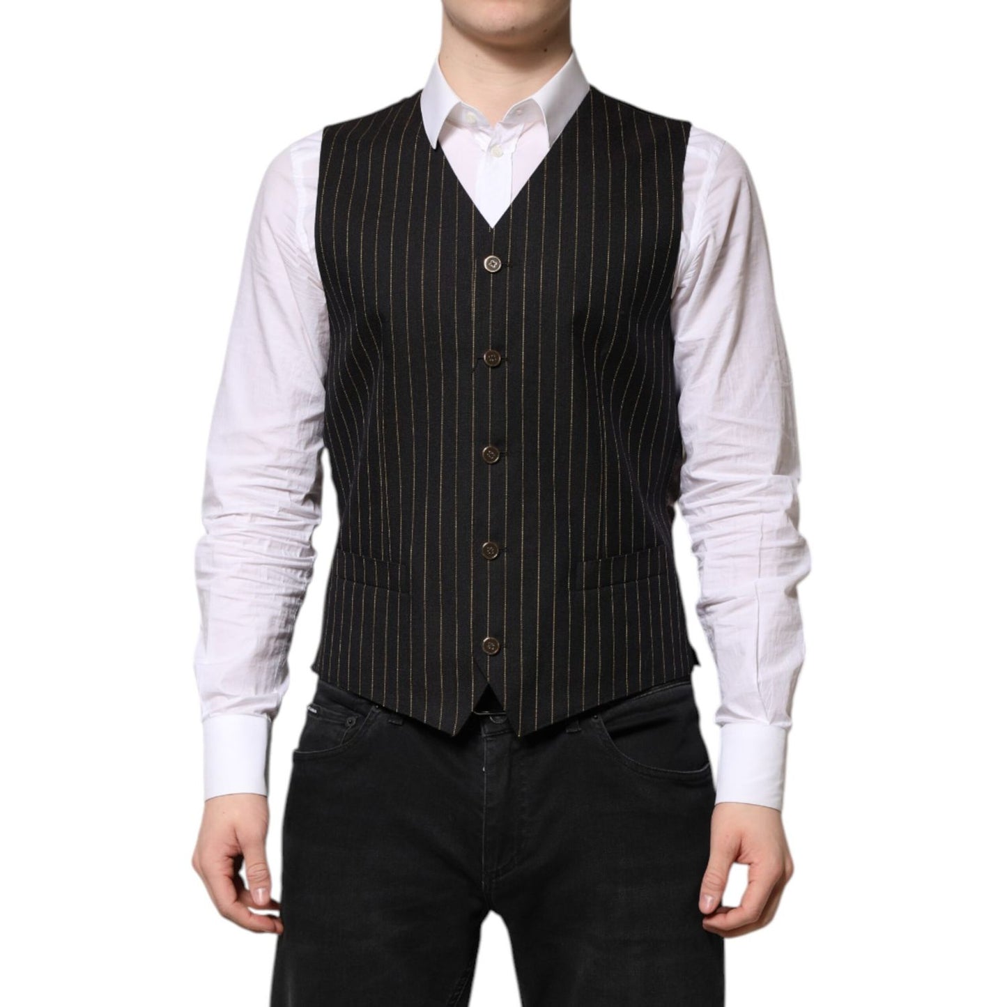 Dolce & Gabbana Black Stripes Wool Formal Men Waistcoat Vest
