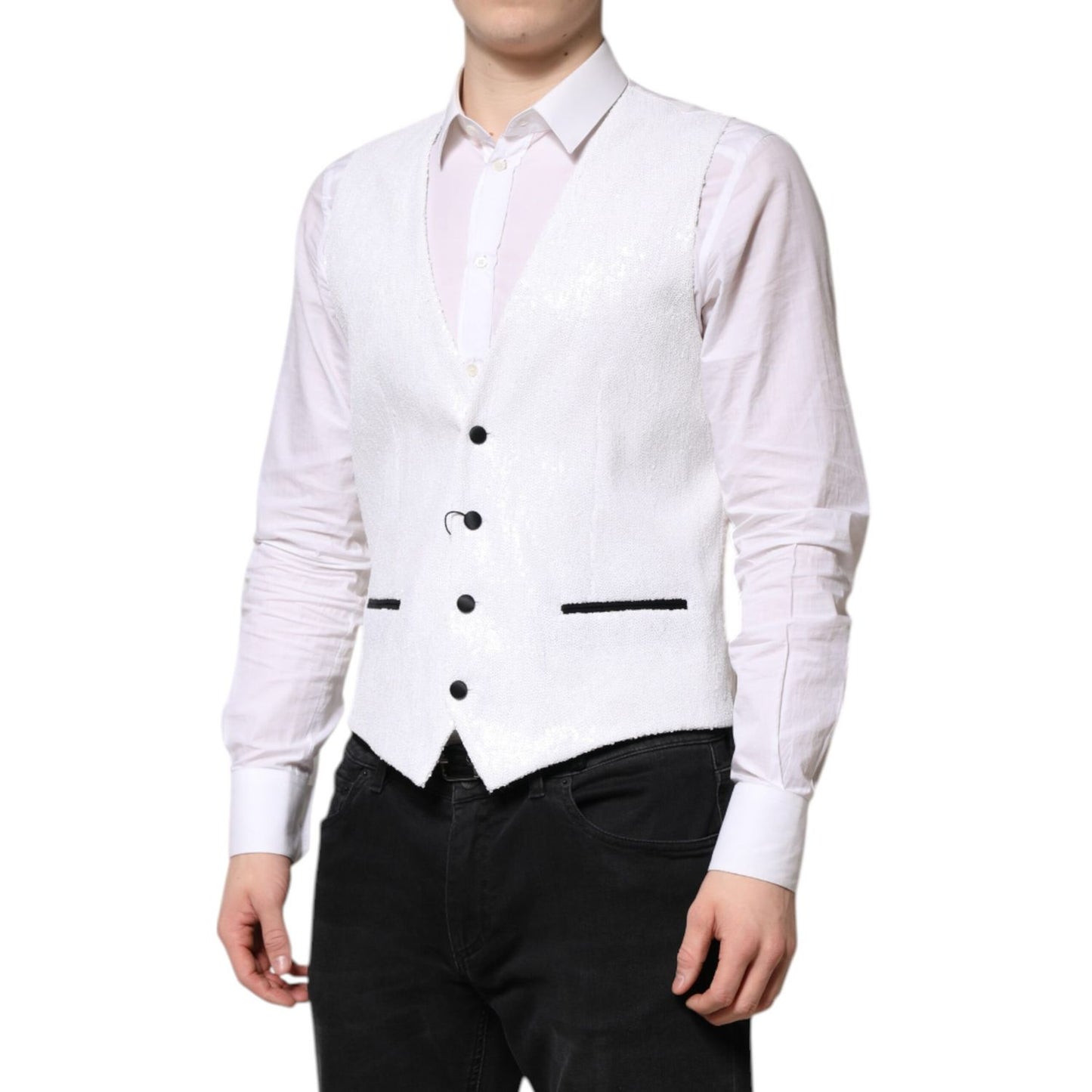 Dolce & Gabbana White Sequined Dress Formal Waistcoat Vest