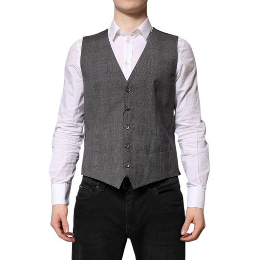 Dolce & Gabbana Gray Plaid Wool Formal Dress Waistcoat Vest