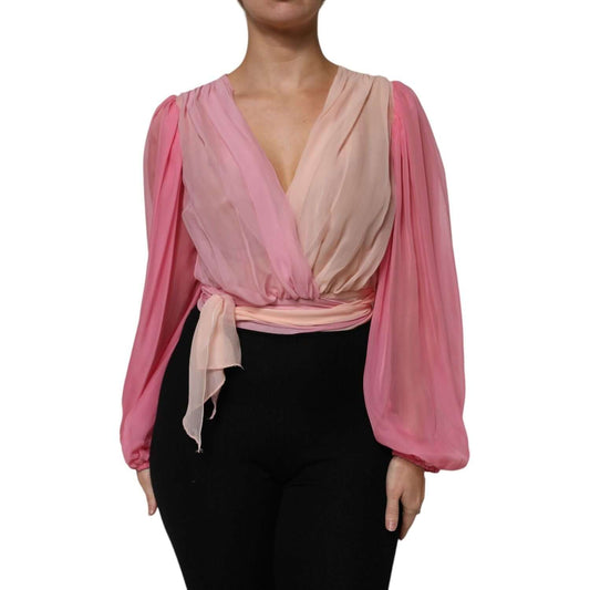 Dolce & Gabbana Pink Plunging V-neck Long Sleeves Blouse Top TSH87591-40