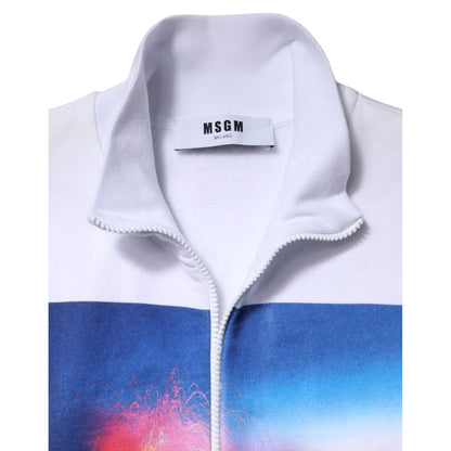 MSGM White Graphic Print Cotton Long Sleeves Full Zip Bomber Jacket MSGM