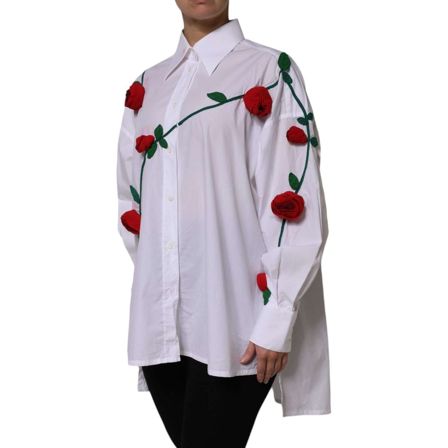 Dolce & Gabbana White Cotton Floral Appliques Dress Shirt Top TSH878627-42
