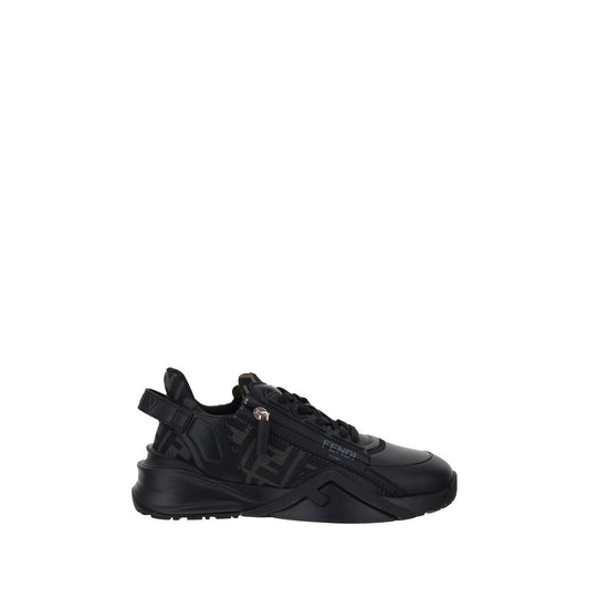 Fendi Flow Running Sneakers in black with structured sole and logo detail, featuring lace-up closure and geometric eyelets for sporty style.