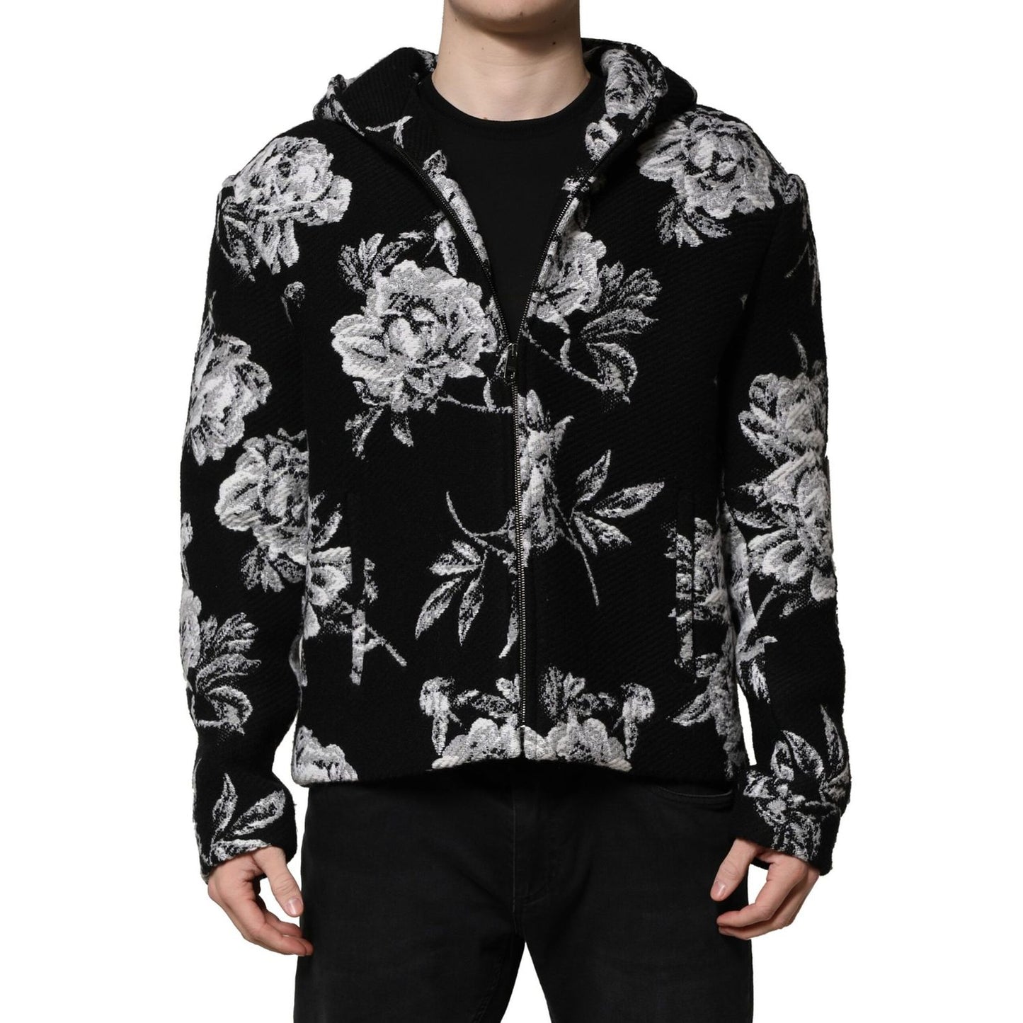 Dolce & Gabbana Black Wool Floral Printed Men Hooded Jacket